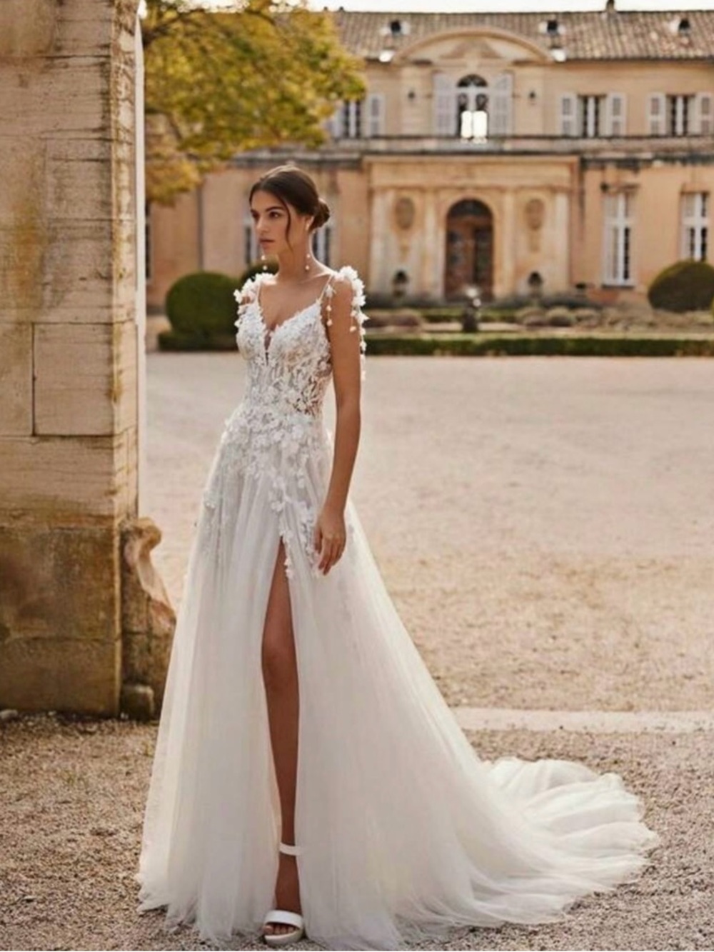 Elegant White Floral Appliqué A-Line Dress with High Slit